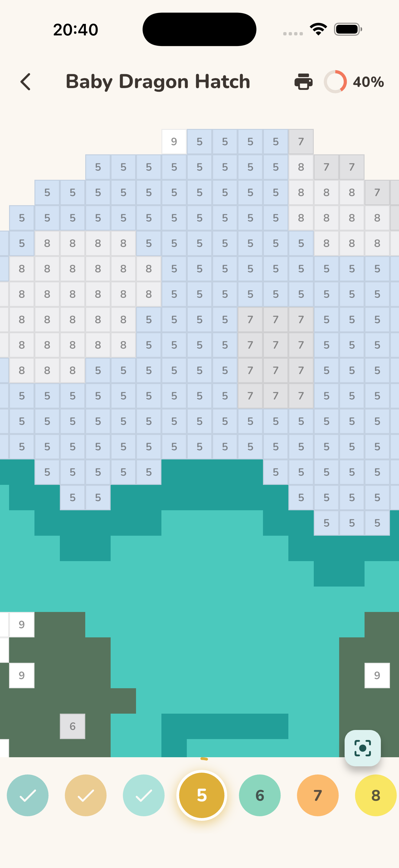 Coloring a pixel art picture by number in Pixel Bloom