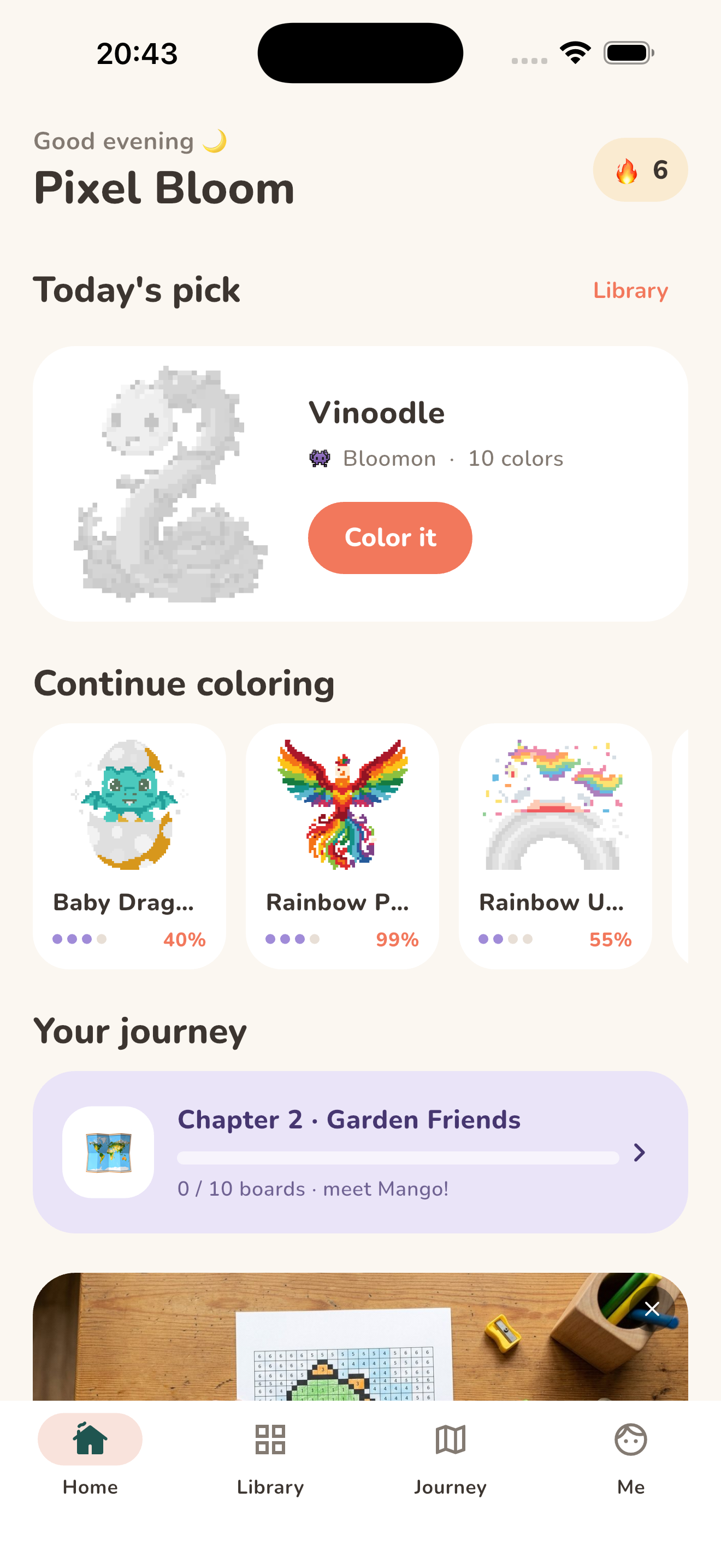Pixel Bloom app home screen with daily pick and coloring journey