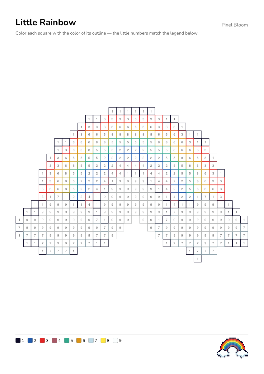 Printable color by number worksheet with colored cell outlines